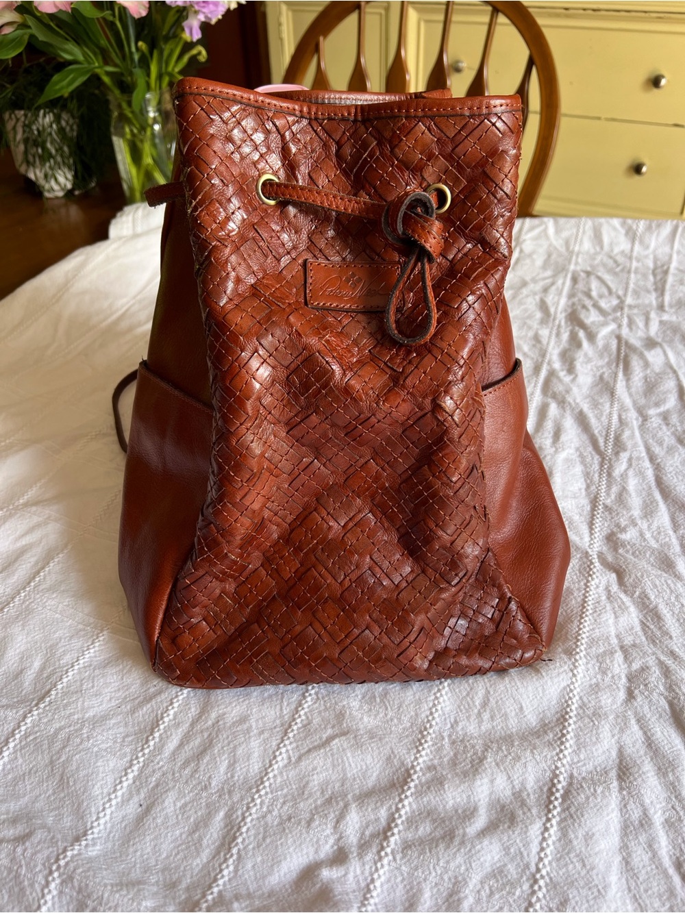 Patricia Nash Chestnut Woven Leather Drawstring Backpack